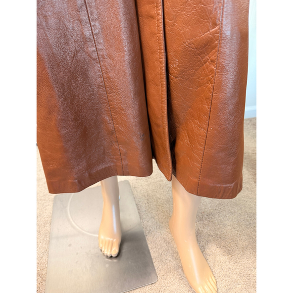 Vintage 70s Caramel Brown Genuine Leather Long Coat Women's Trench Retro 12 Edgy - Picture 11 of 16